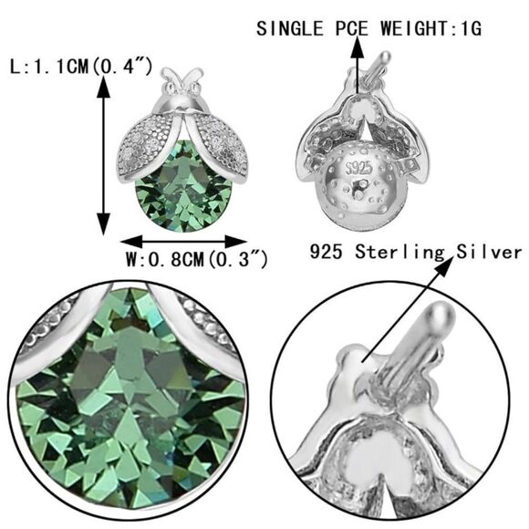 925 Sterling Silver with Emerald Green Cubic Zirconia Ladybug Stud Earrings - Picture 5 of 5